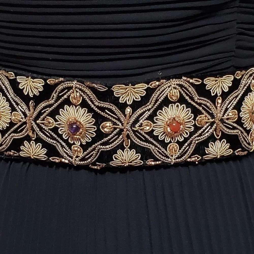 Vintage 80s Silk Gold Silver Metal Filigree Embroidered Tassle Tie-Waist Belt